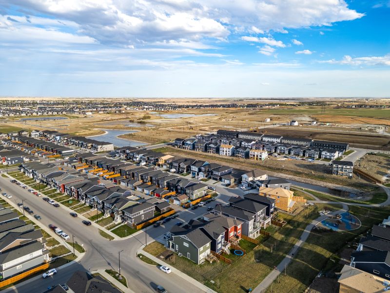 Aerial of South Chelsea in Chestermere showing parks, storm ponds and a future school site.